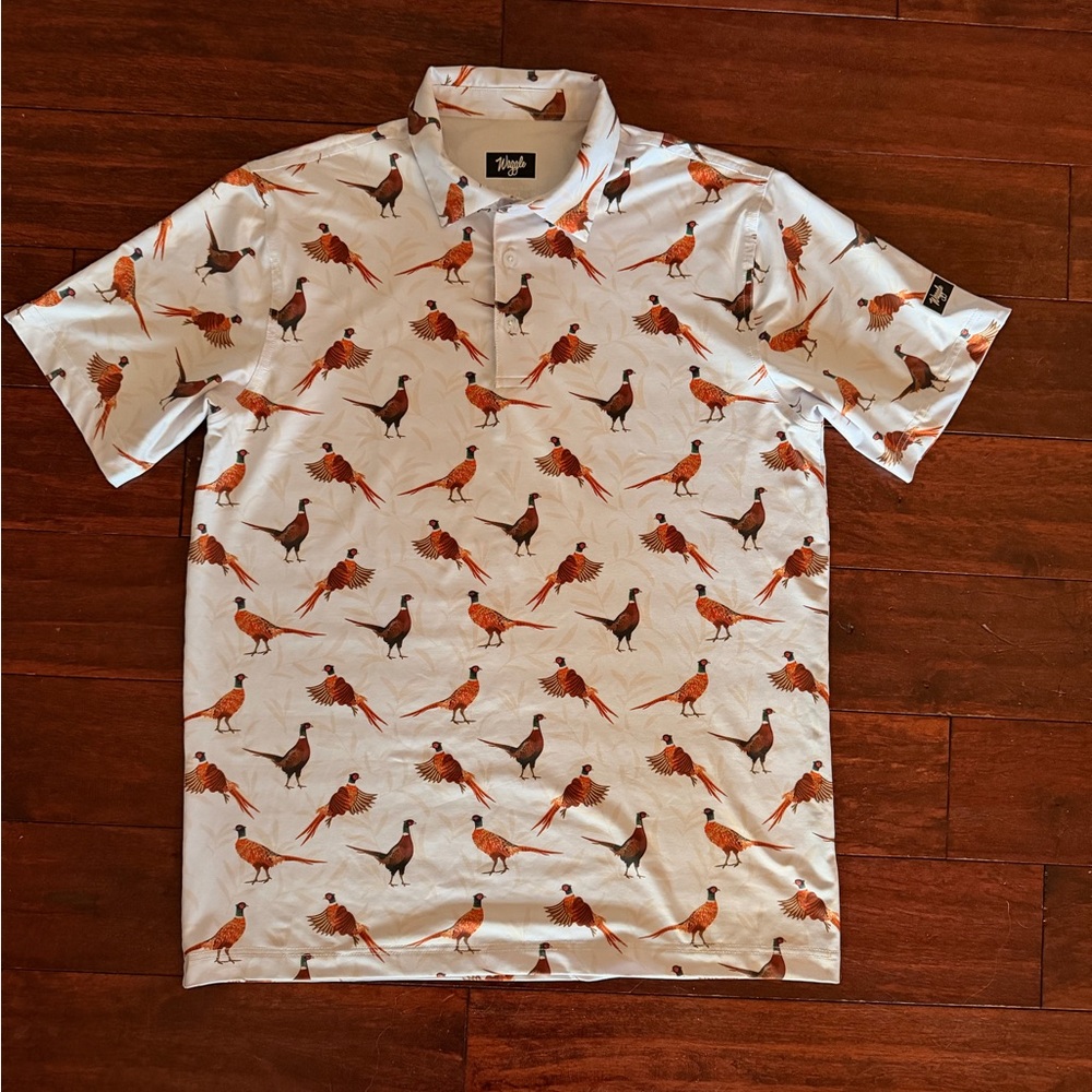 Waggle White Pheasant-Print Short Sleeve Polo Golf Shirt